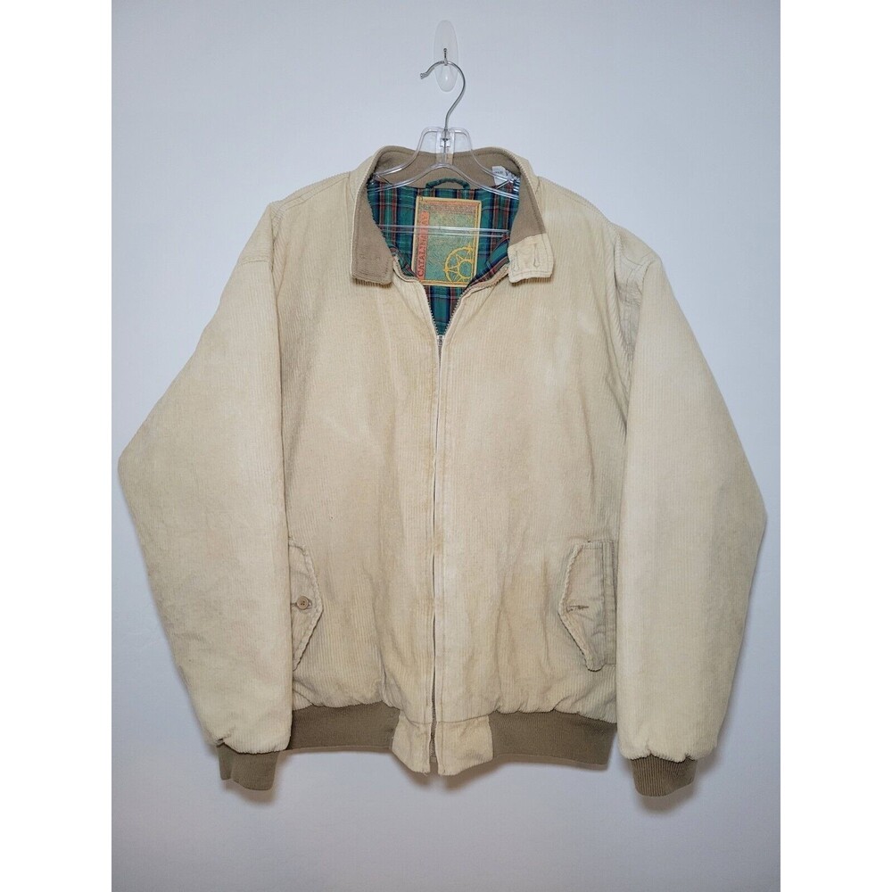 VTG Catalina Bay Beige Corduroy Full Zip Green Plaid Liner‎ Bomber Jacket Mens L